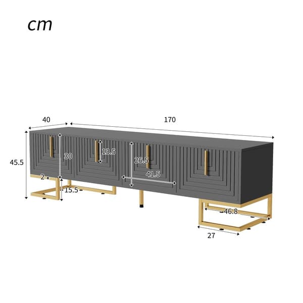 TV-bord 170 cm - med justerbare hylder - gyldne greb og fødder - grå