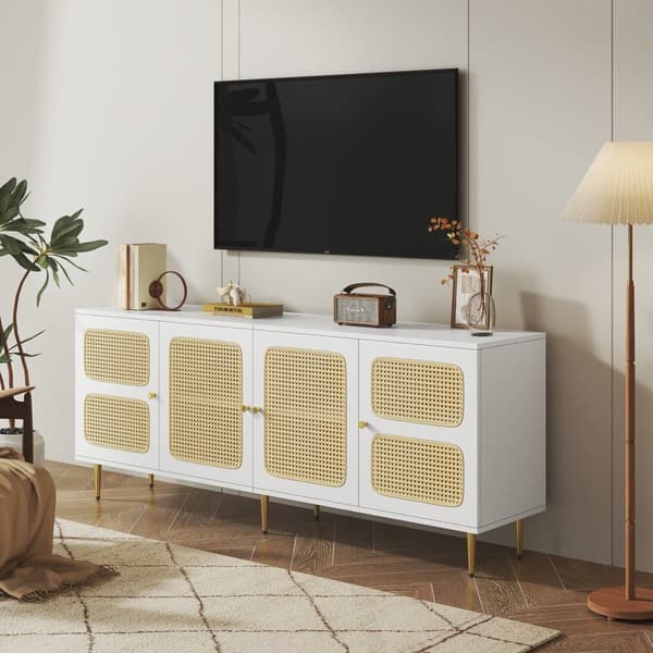 TV-skab 180 cm - 4 rattanlåger - højdejusterbare hylder - hvid