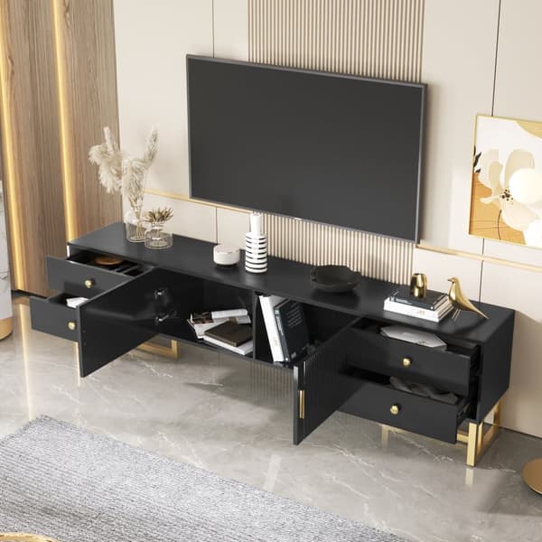 175 cm tv-bord - 2 teksturerede låger og 4 skuffer - lavet af MDF - Sort