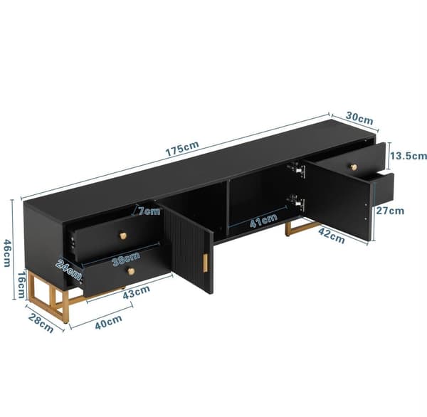 175 cm tv-bord - 2 teksturerede låger og 4 skuffer - lavet af MDF - Sort