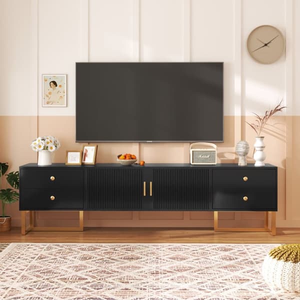 175 cm tv-bord - 2 teksturerede låger og 4 skuffer - lavet af MDF - Sort