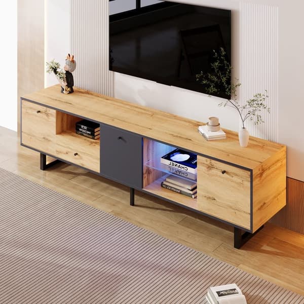 190 cm TV-bord med LED - 6 skillevægge og 1 skuffe - natur
