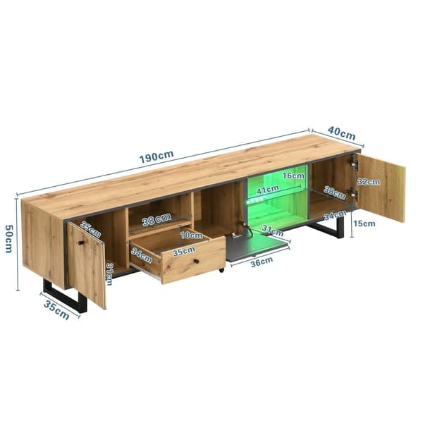 190 cm TV-bord med LED - 6 skillevægge og 1 skuffe - natur