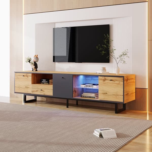 190 cm TV-bord med LED - 6 skillevægge og 1 skuffe - natur