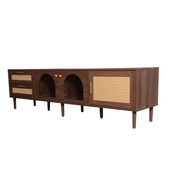 180 cm TV-bord med LED-belysning - 2 rattanskuffer og 3 låger - brun