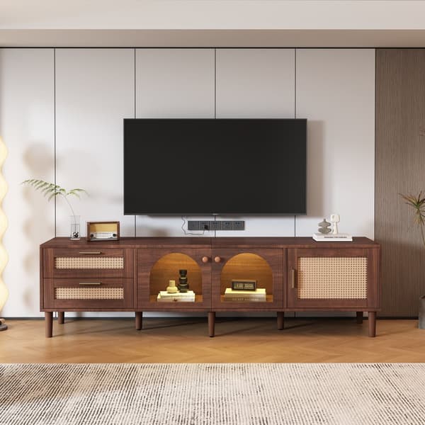 180 cm TV-bord med LED-belysning - 2 rattanskuffer og 3 låger - brun