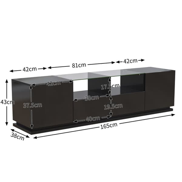 165 cm TV-möbel med färgglada LED-lampor - 2 lådor, 2 dörrar och 2 glashyllor - svart