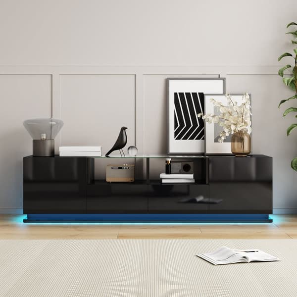 165 cm TV-möbel med färgglada LED-lampor - 2 lådor, 2 dörrar och 2 glashyllor - svart