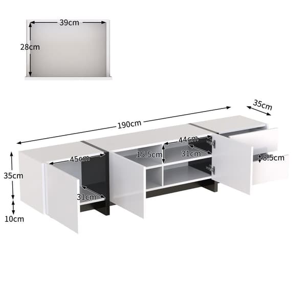 Moderne tv-bord 190 cm med 3 låger og 2 skuffer - hvid og sort højglans