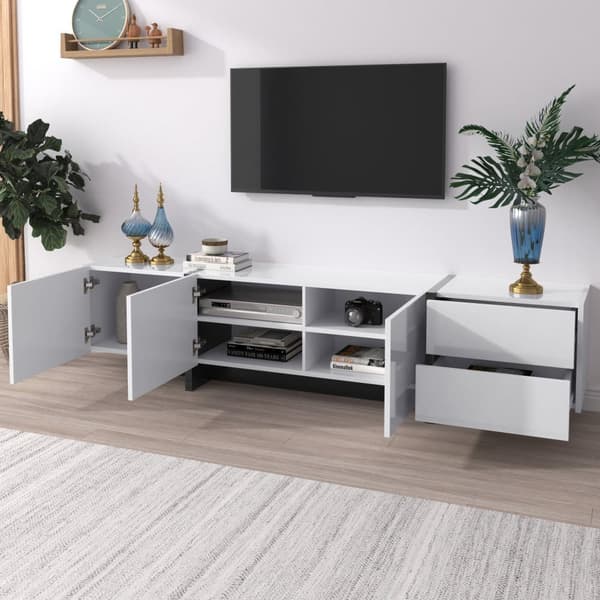 Moderne tv-bord 190 cm med 3 låger og 2 skuffer - hvid og sort højglans