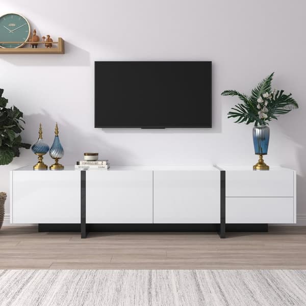 Moderne tv-bord 190 cm med 3 låger og 2 skuffer - hvid og sort højglans
