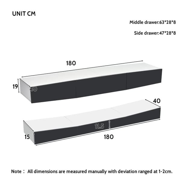 Hängande TV-skåp 180 cm med LED - 3 lådor - Svart