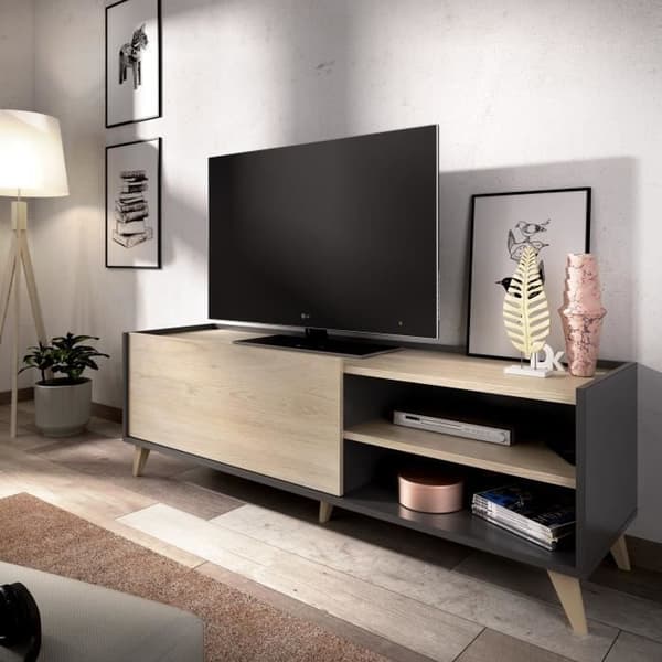 NESS TV-skåp - 1 flik 2 nischer - Grafit- och Ekdekor - L 155 x D 43 x H 47 cm
