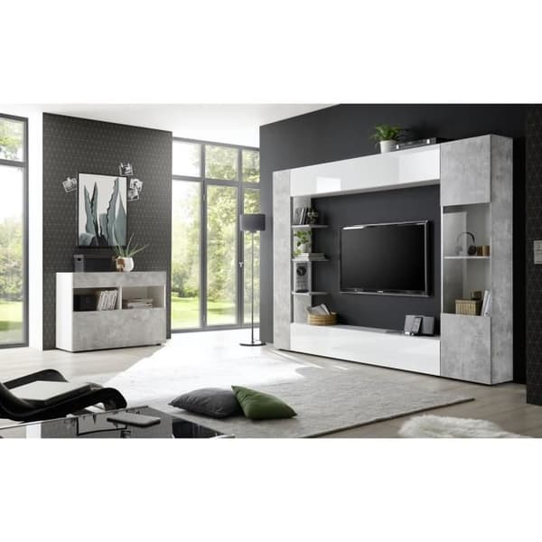 SIENNA TV väggkomposition - Vitlackerad och betong - L295 x D30 x H187 cm