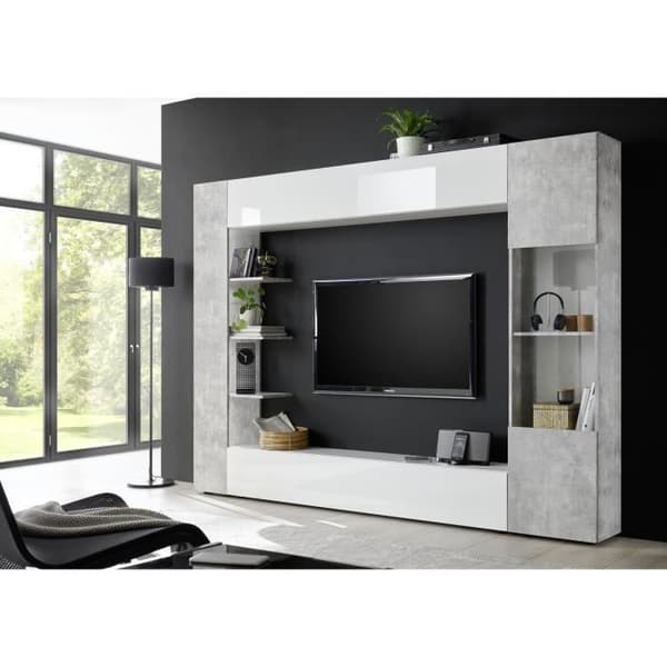 SIENNA TV väggkomposition - Vitlackerad och betong - L295 x D30 x H187 cm