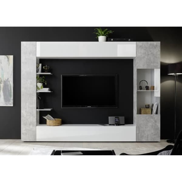 SIENNA TV väggkomposition - Vitlackerad och betong - L295 x D30 x H187 cm