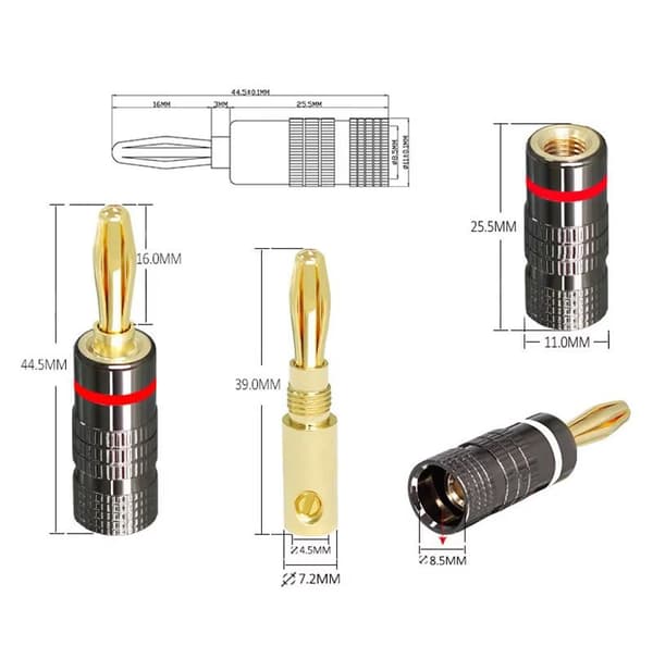 Par 4 mm BAN-PLUG bananstik, forgyldte, til maks. 4mm2 ledning - 2 skruer