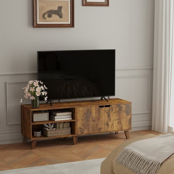 TV-bänk, 140 cm lång, Justerbara hyllor, Ek-Cream, 140x40x50 cm, Brun