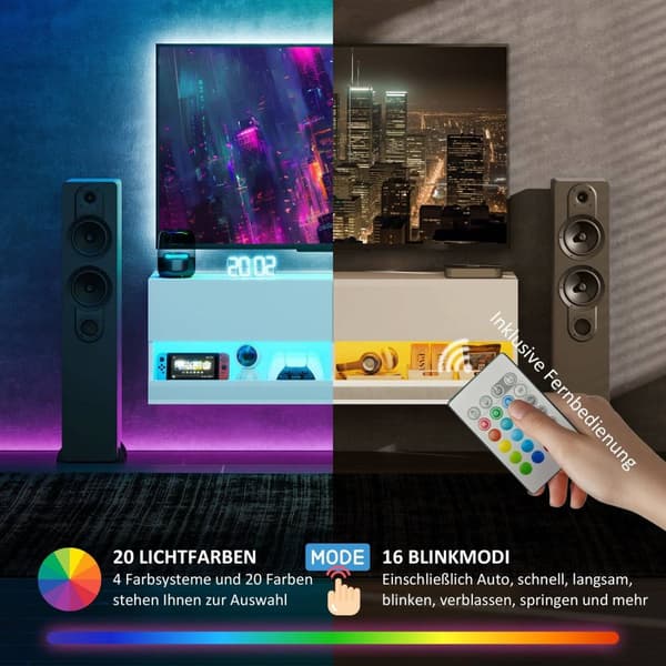Rootz TV -hängande skåp med LED -belysning - väggmonterat TV -skåp - Flytande TV -enhet - Stylish Design - 120 x 35 x 40,5 cm