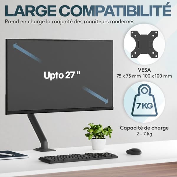 ACROPAQ Stöd för PC-skärm 17" till 27" - Universell monitorarm med fjäder - 360° rotation - Bords tjocklek 10-80mm - Snabb montering - Svart