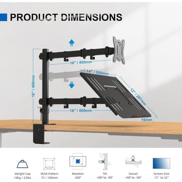Support för PC-skärm - GRIFEMA - Dubbel skärm - VESA 75x75-100x100 MM - Rotation 360° - Lutning ±90°