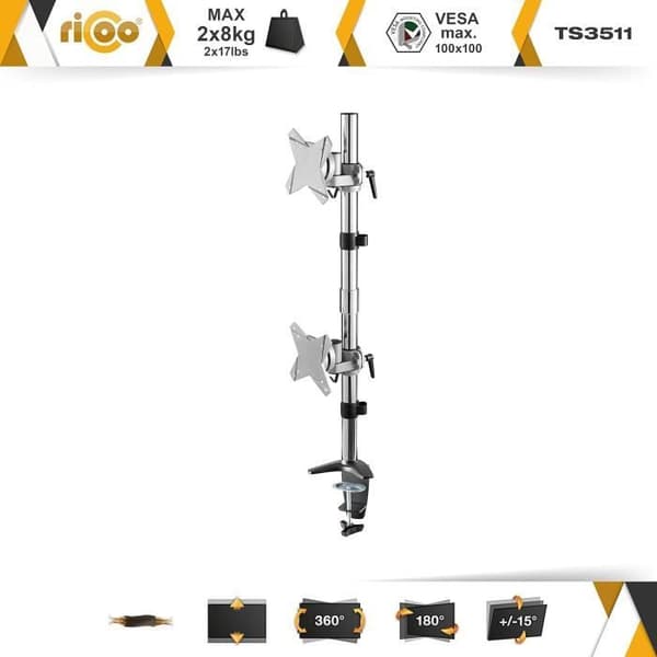 Stöd för PC 2 Skärmar - RICOO - TS3511 - 13-27 Tum - Vridbar - Lutbar - VESA 100x100
