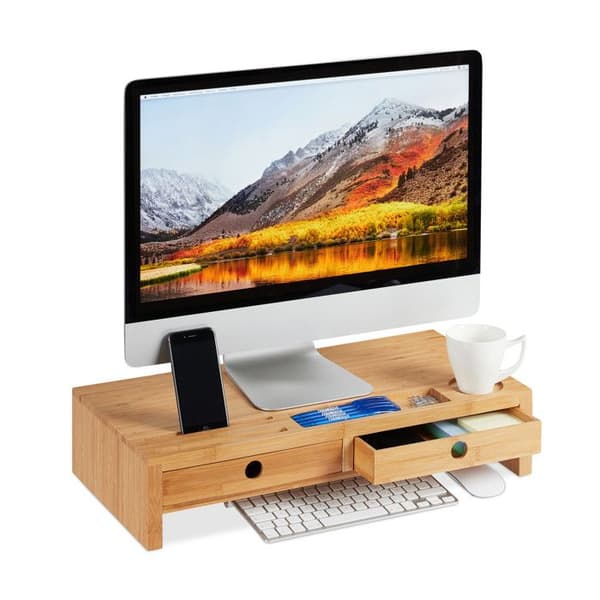 Relaxdays Stöd för monitor, i bambu, Skärmförhöjare med 2 lådor för förvaring, skrivbord, HLP 12x56x27cm, natur Bamboo