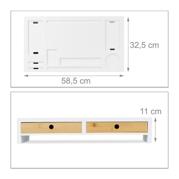 Relaxdays Stödmonter, XL skärmhöjare i bambu och MDF, 2 lådor, organisatör, HBT 11x58,5x32,5 cm, vit
