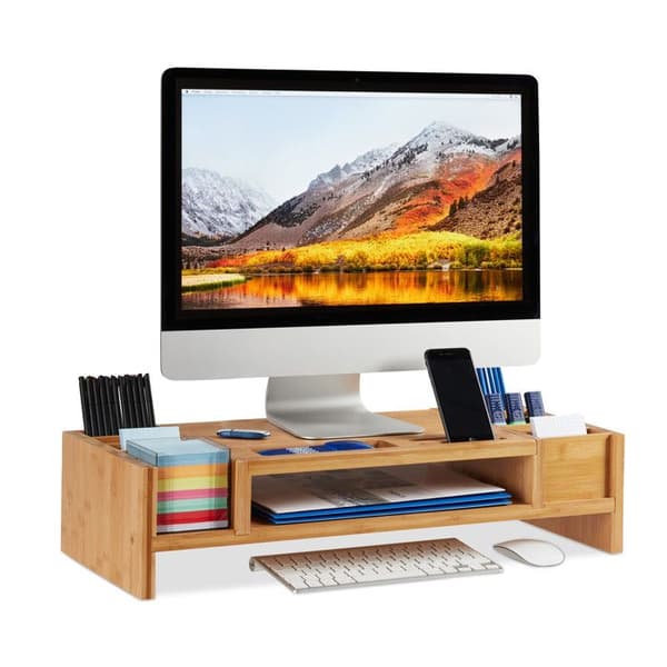 Relaxdays Monitorställ, Skärmstativ av bambu, 14 fack, Ergonomisk upphöjare, HLP 15x65x28cm, naturlig Bamboo