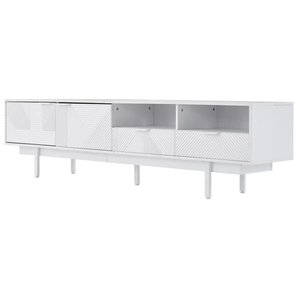 Modern vit TV-bänk i boho-stil med geometrisk dörrdesign – 200 cm med förvaring, passar upp till 90-tums TV