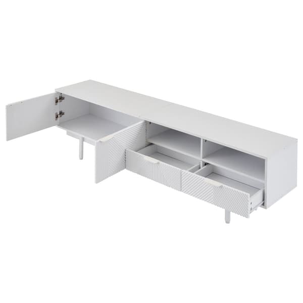 Modern vit TV-bänk i boho-stil med geometrisk dörrdesign – 200 cm med förvaring, passar upp till 90-tums TV