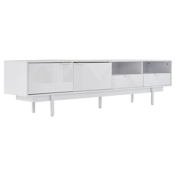 Modern vit TV-bänk i boho-stil med geometrisk dörrdesign – 200 cm med förvaring, passar upp till 90-tums TV