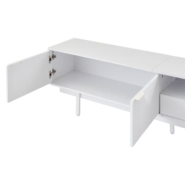 Modern vit TV-bänk i boho-stil med geometrisk dörrdesign – 200 cm med förvaring, passar upp till 90-tums TV