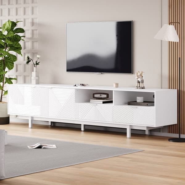 Modern vit TV-bänk i boho-stil med geometrisk dörrdesign – 200 cm med förvaring, passar upp till 90-tums TV