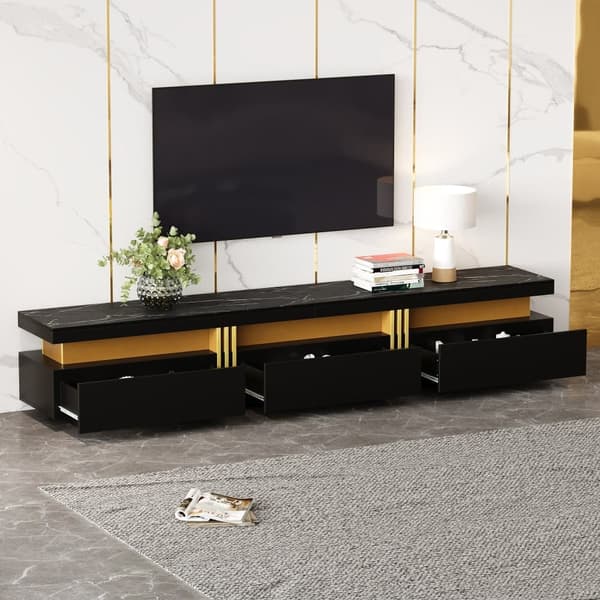 Modern TV-bänk i marmorlook – 200x40x42 cm, vit TV-möbel med 3 lådor och kabelhantering, passar TV upp till 90 tum
