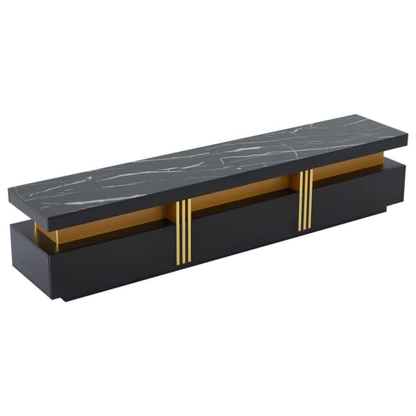 Modern TV-bänk i marmorlook – 200x40x42 cm, vit TV-möbel med 3 lådor och kabelhantering, passar TV upp till 90 tum
