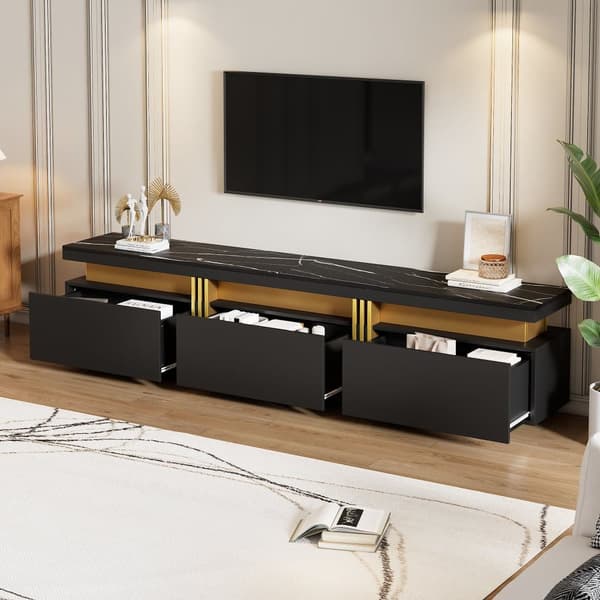 Modern TV-bänk i marmorlook – 200x40x42 cm, vit TV-möbel med 3 lådor och kabelhantering, passar TV upp till 90 tum