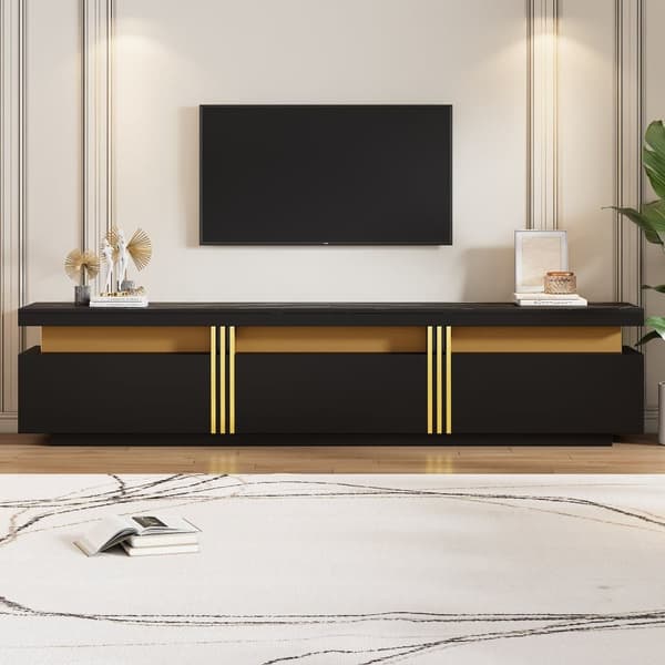 Modern TV-bänk i marmorlook – 200x40x42 cm, vit TV-möbel med 3 lådor och kabelhantering, passar TV upp till 90 tum