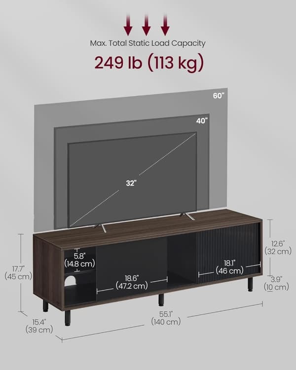 TV-bänk 60 tum TV, TV-möbel, räfflat glas, 140 x 39 x 45 cm, askbrun och bläcksvart