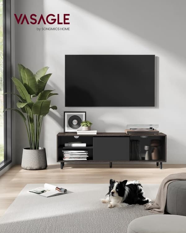 TV-bänk 60 tum TV, TV-möbel, räfflat glas, 140 x 39 x 45 cm, askbrun och bläcksvart