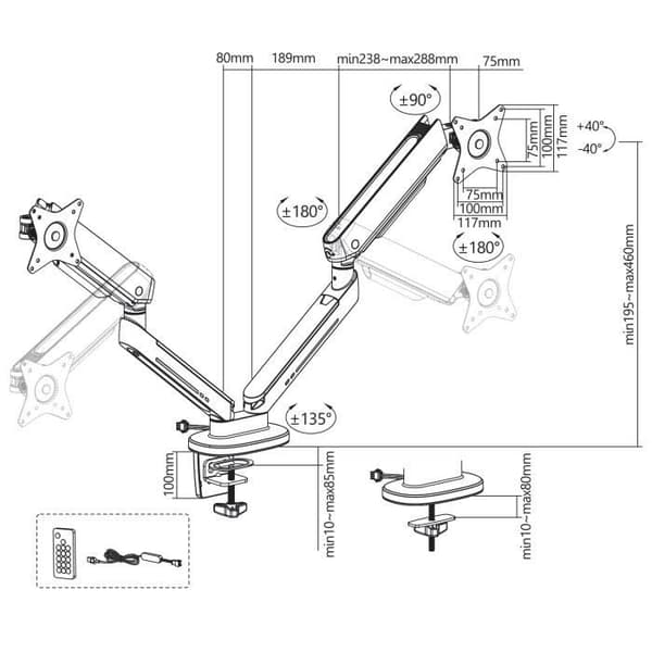 2-positions monitorstativ 17-32" med RGB LED-belysning höjdjusterbar svänglutning Max. 9 kg VESA 75x75 / 100x100