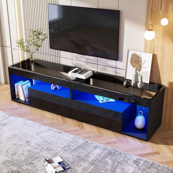 TV-bänk i svart högglans med LED – passar upp till 70 tum, 2 lådor – för vardagsrum och sovrum