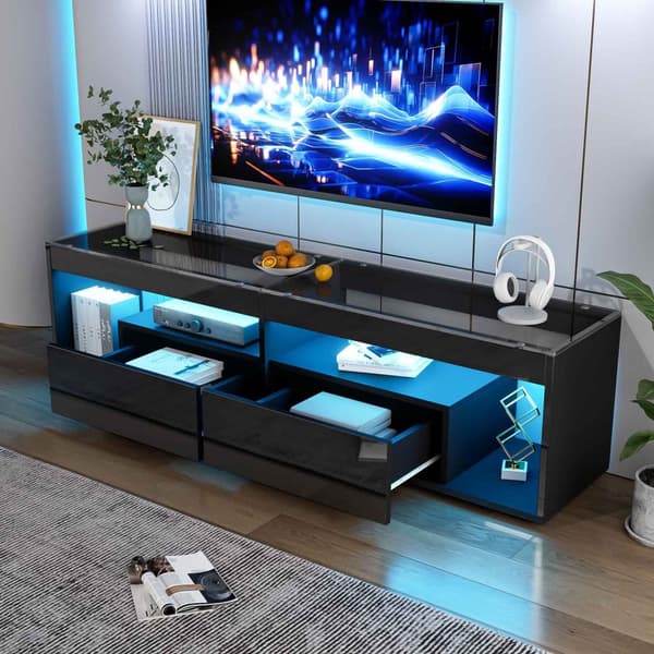 TV-bänk i svart högglans med LED – passar upp till 70 tum, 2 lådor – för vardagsrum och sovrum
