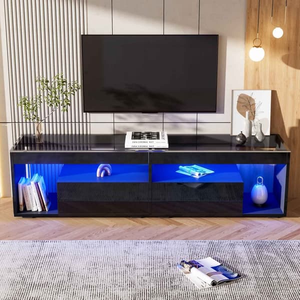 TV-bänk i svart högglans med LED – passar upp till 70 tum, 2 lådor – för vardagsrum och sovrum