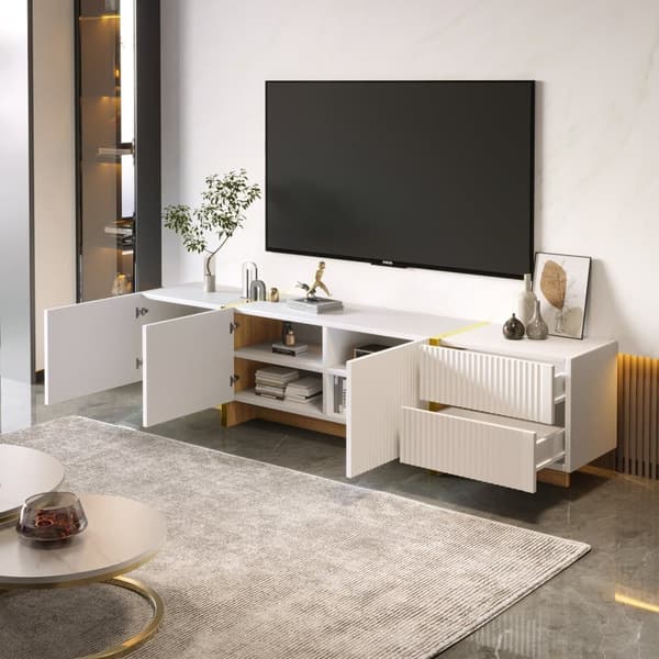 TV-bänk 190 cm med 3 dörrar och 2 lådor – Vit med guld och trädetaljer, förvaring för TV upp till 80 tum