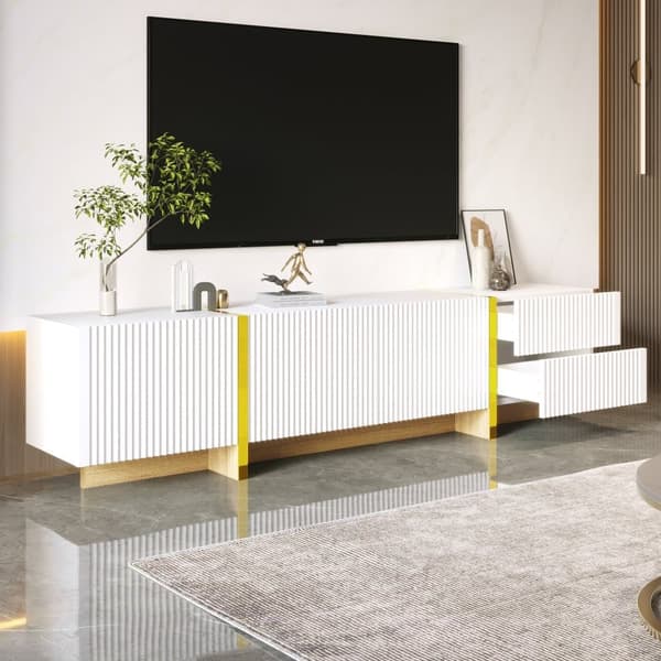 TV-bänk 190 cm med 3 dörrar och 2 lådor – Vit med guld och trädetaljer, förvaring för TV upp till 80 tum