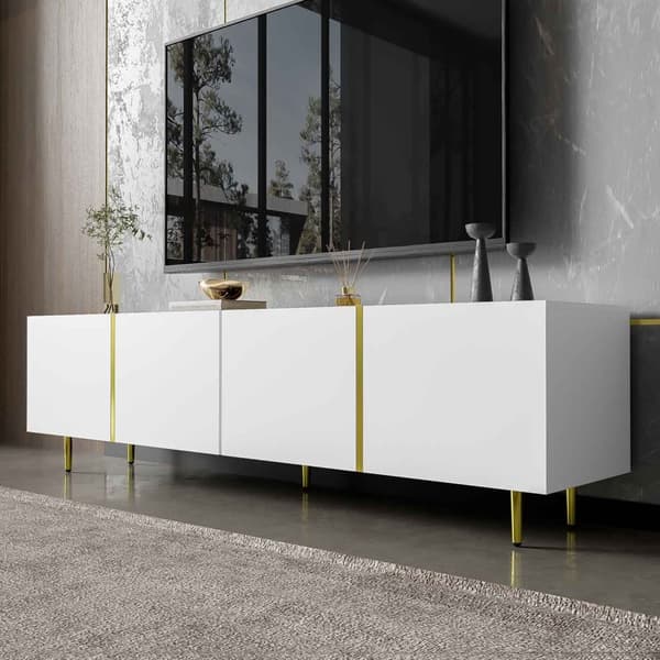 Hvidt tv-bord i højglans – moderne design med 4 låger, stilrent med masser af opbevaringsplads, 180 cm