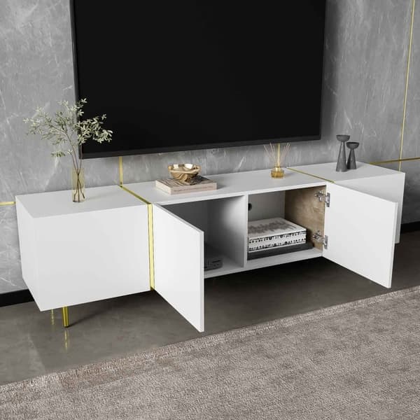 Hvidt tv-bord i højglans – moderne design med 4 låger, stilrent med masser af opbevaringsplads, 180 cm