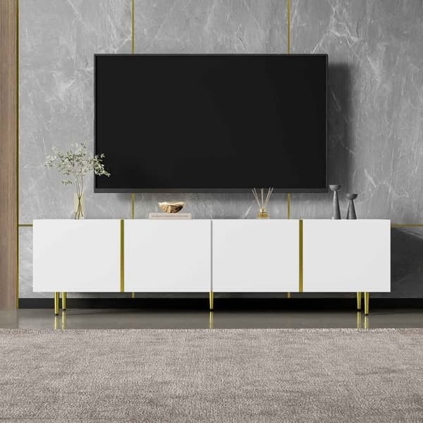 Hvidt tv-bord i højglans – moderne design med 4 låger, stilrent med masser af opbevaringsplads, 180 cm