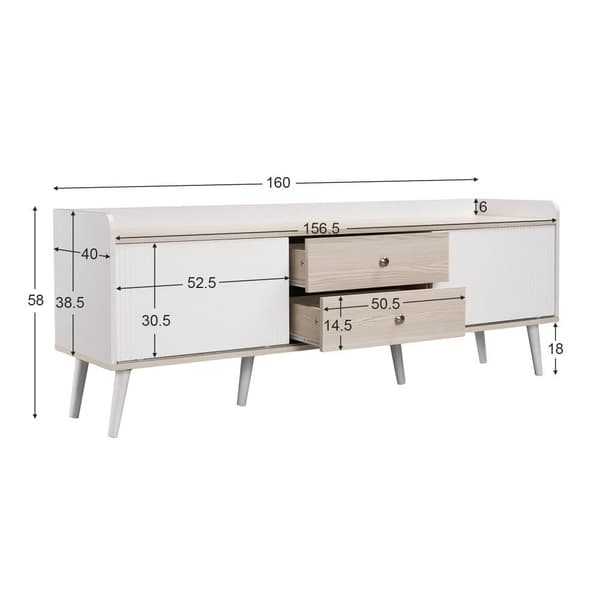TV-bord med 2 skuffer og skydelåger – TV-bord i hvidt og naturligt træ, lav model 160x40x58 cm, moderne med stilfuld træstruktur